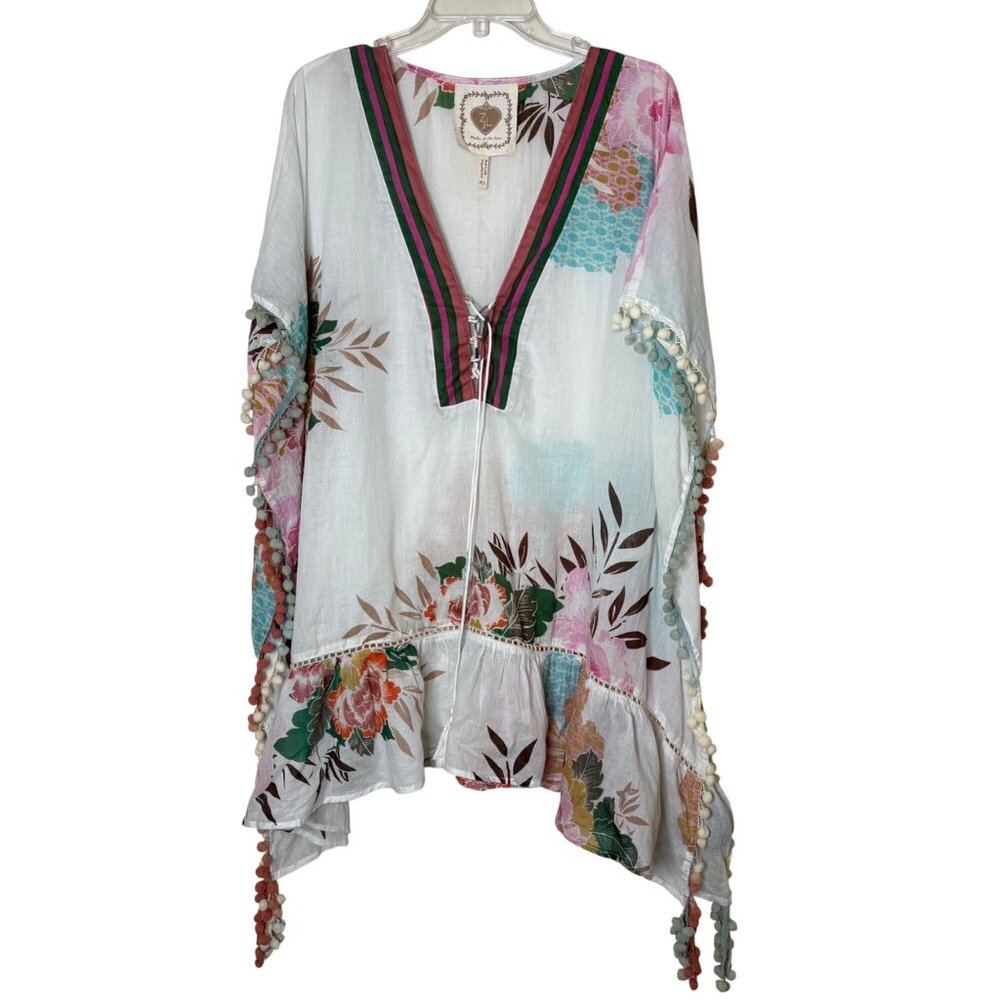 Z&L Boho Floral Tunic M L Pom Pom Trim Caftan Beach Cover Up India - Picture 1 of 9